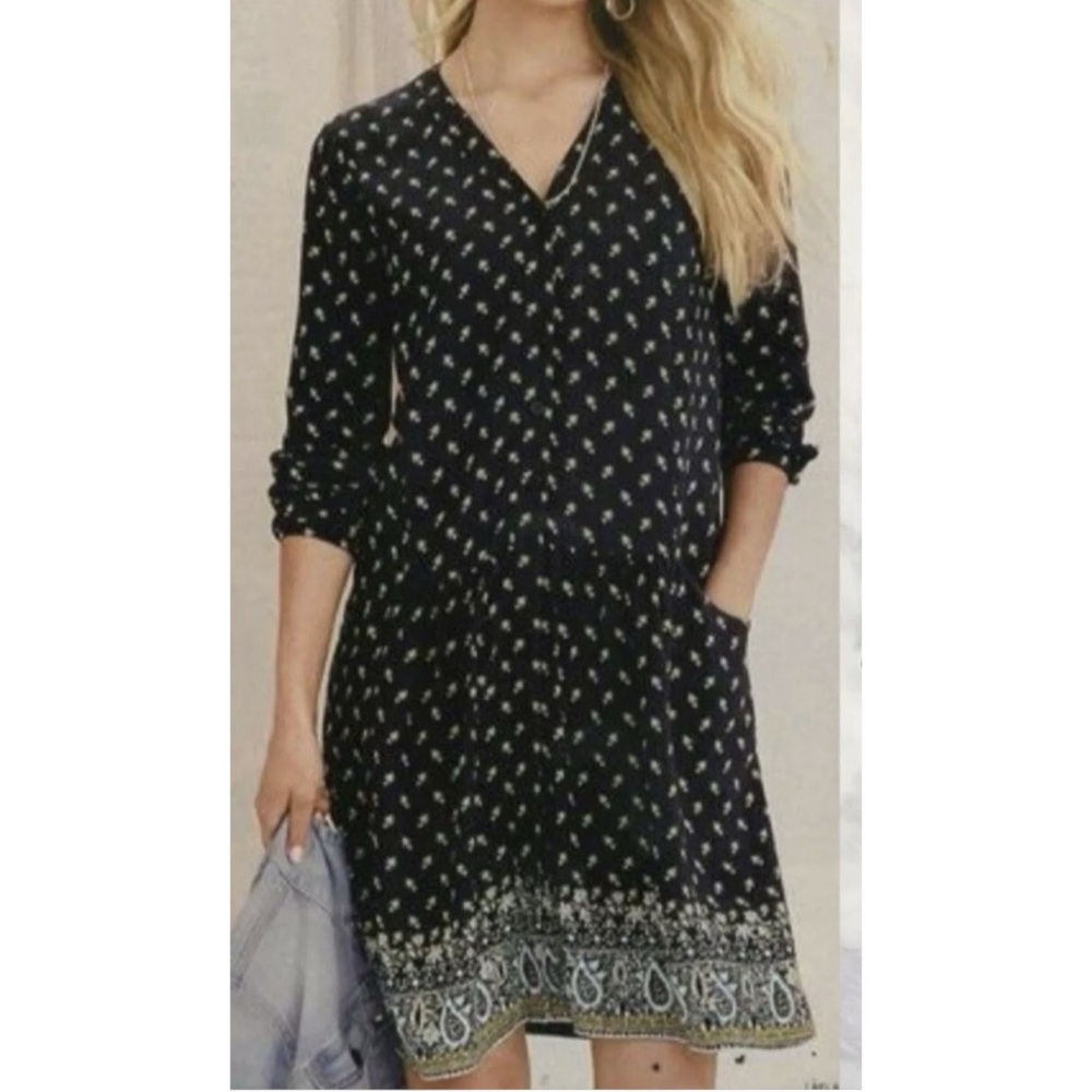 Garnet Hill  Print Long Sleeve Button Dress Pockets Drop Waist Lined Size 16